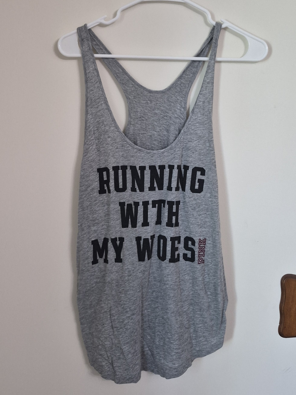 PINK Victoria's Secret Grey 'Running With My Woes' Racerback Tank Size Medium